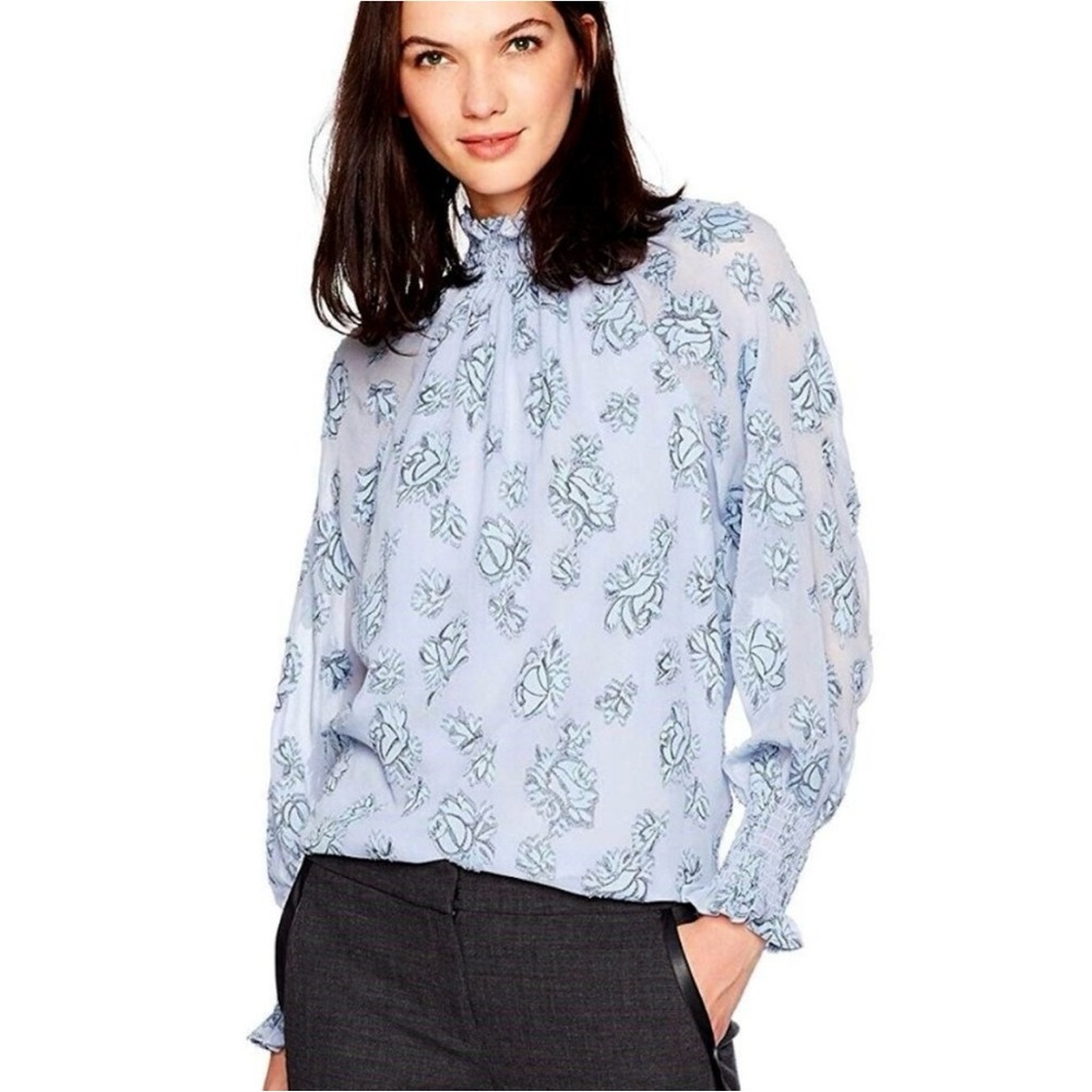 Rebecca Taylor Metallic Rose Patterned Silk Smocked Top in Blue, Size 4